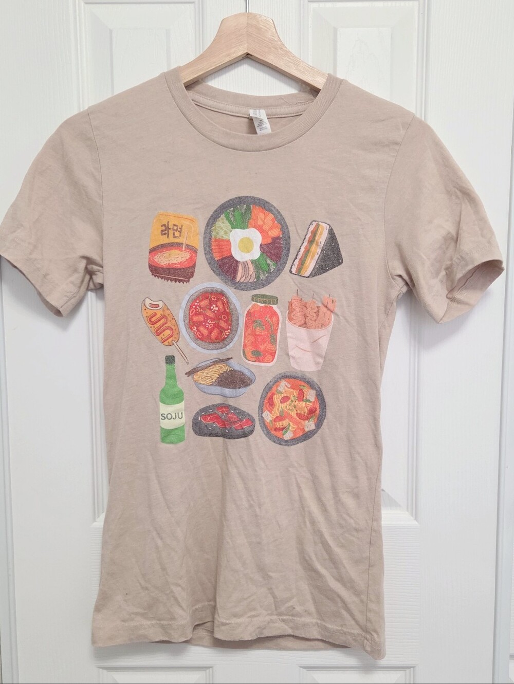 tan crewneck korean food themed graphic tee shirt top